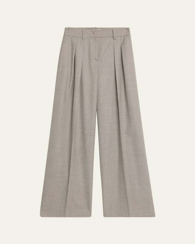 Pleated Houndstooth Wide-Leg Slouch Trousers
